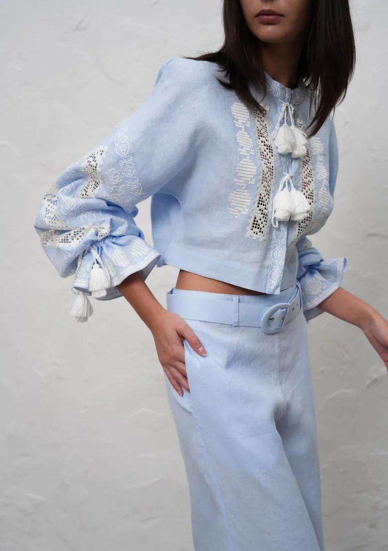 An ANNABO embroidered blue linen look