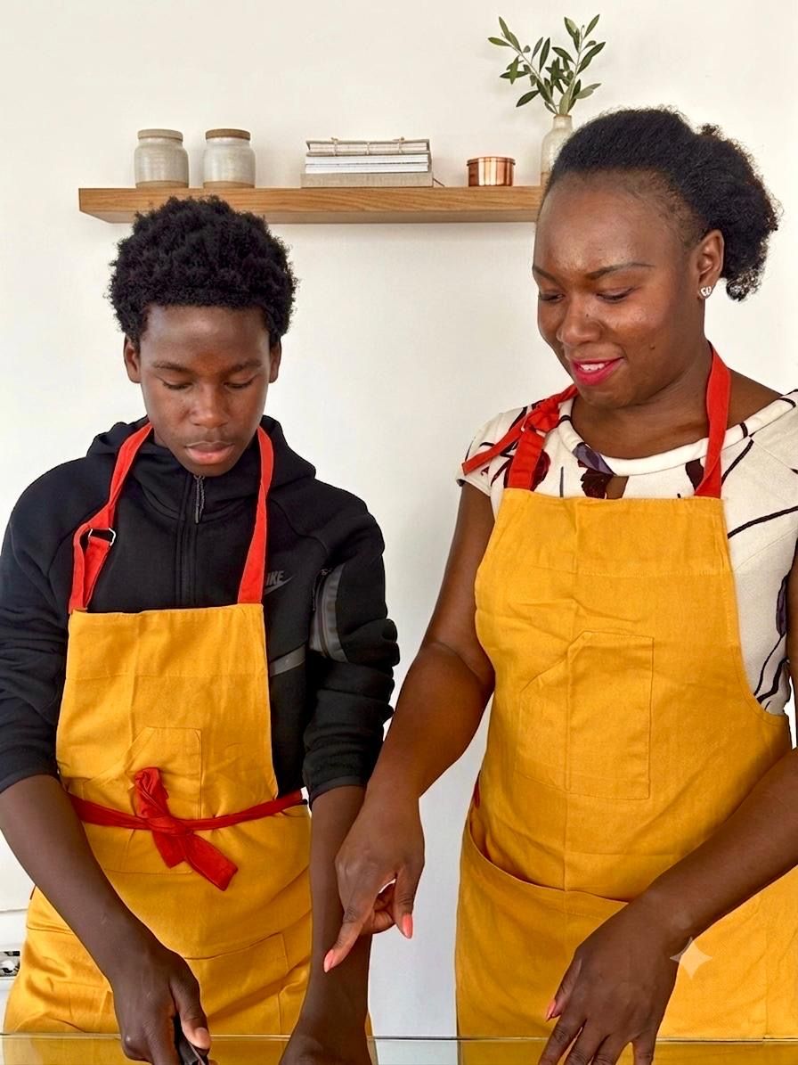 Mother and son cooking