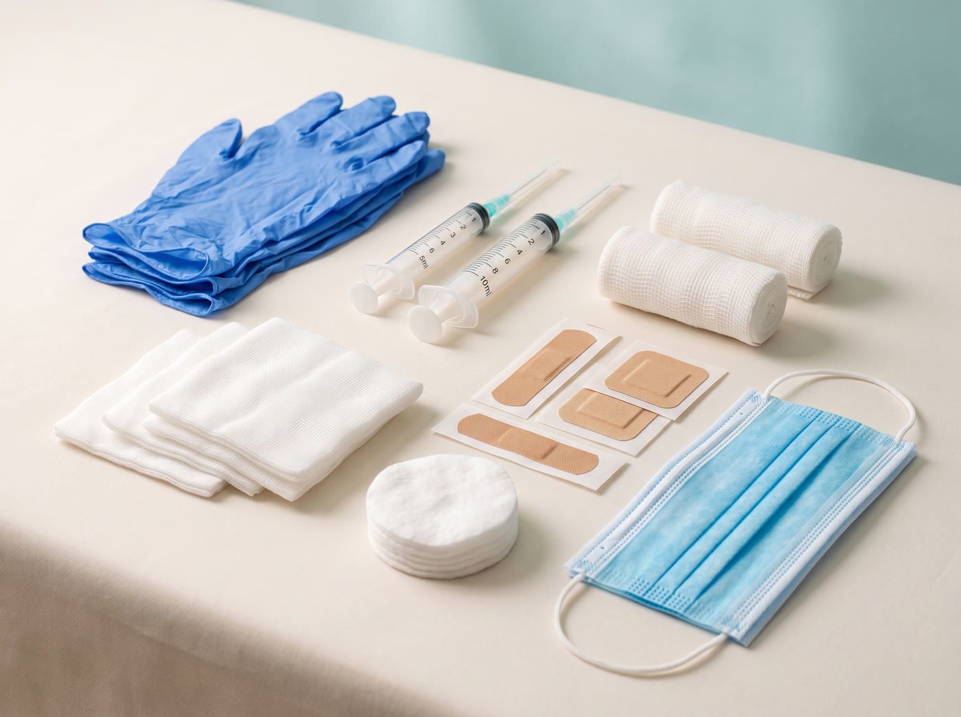 Consommables médicaux : gants d'examen, seringues, compresses et pansements