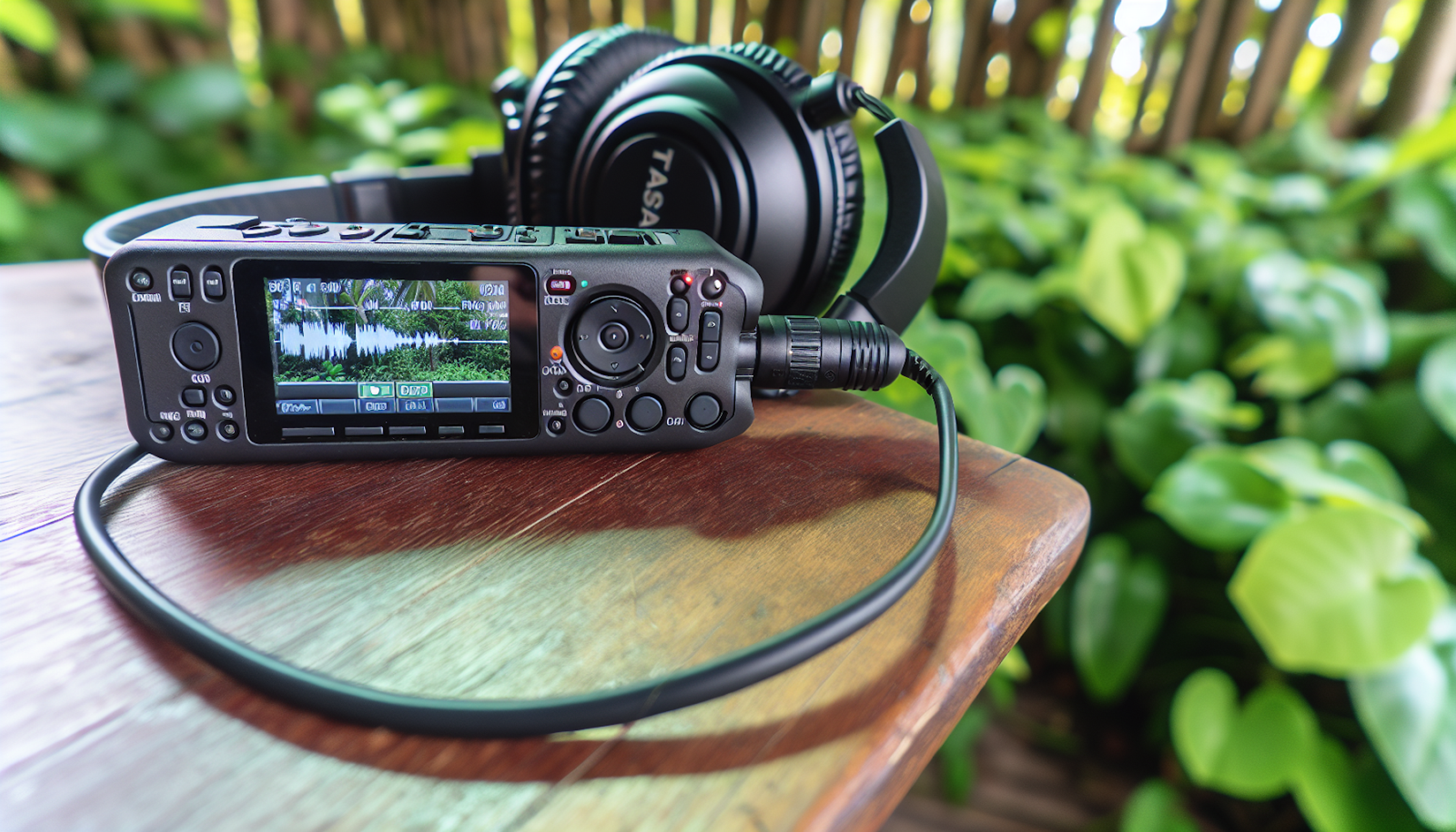 Compact Tascam portable recorder in a field recording environment