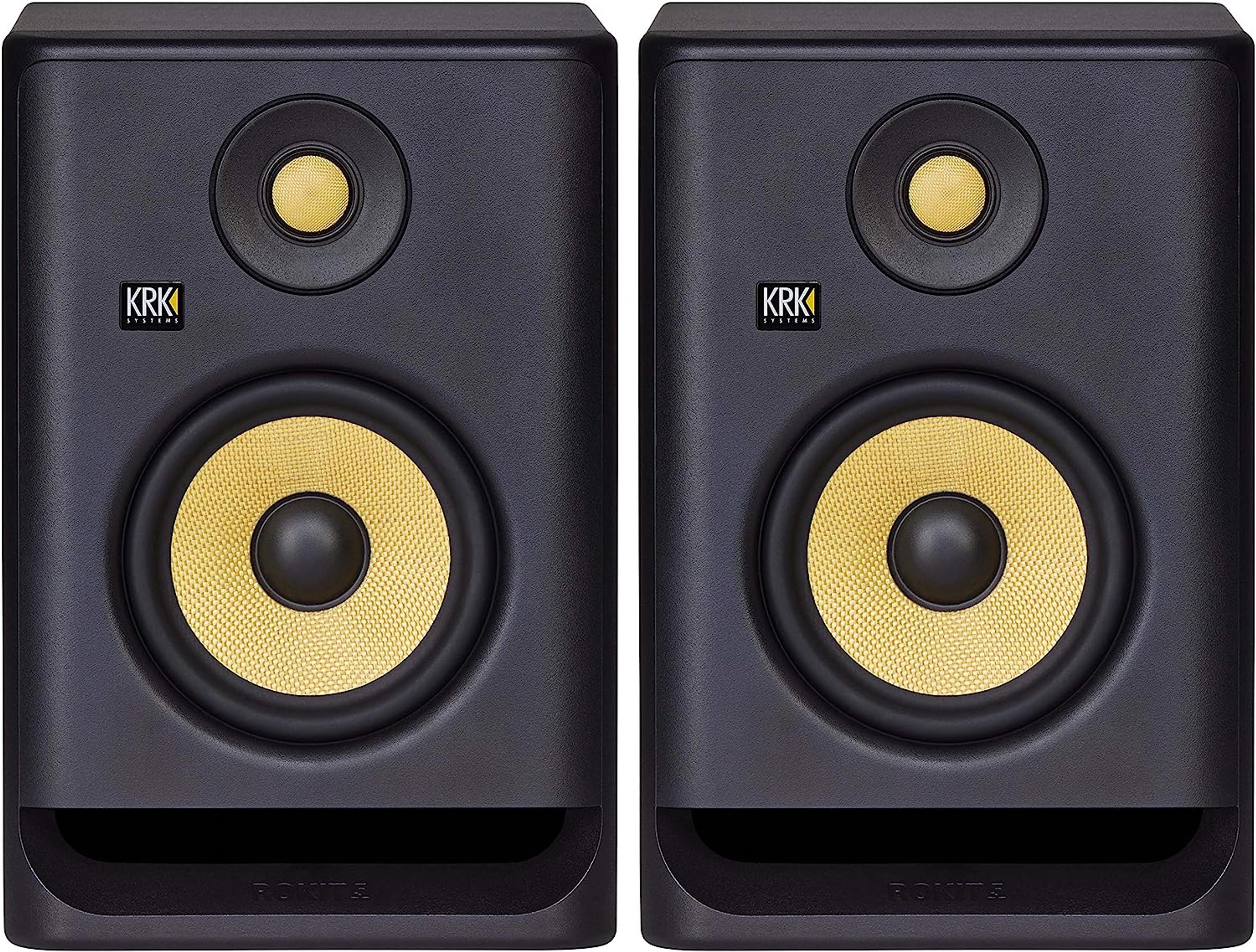 KRK RP5 Rokit G4 studio monitor with sound waves in the background