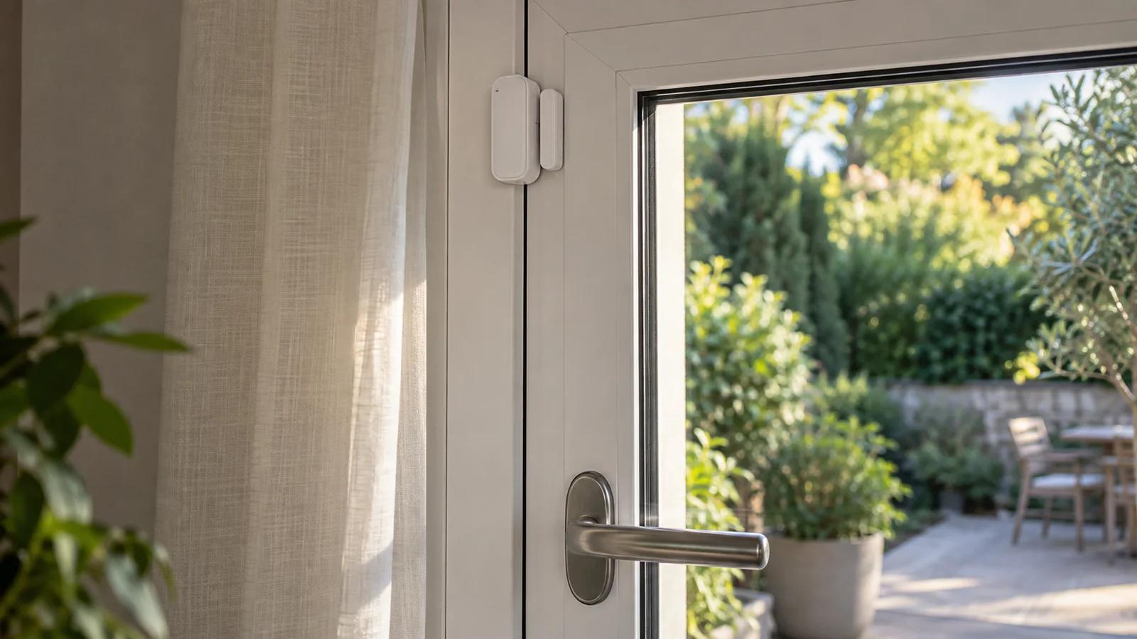Porte-fenêtre fermée avec détecteur d’ouverture donnant sur un jardin