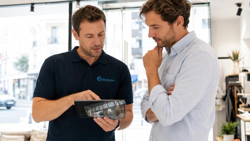 Technicien préparant un diagnostic vidéosurveillance pour un commerce