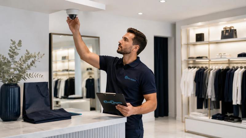 Caméra de surveillance orientée vers une caisse de boutique