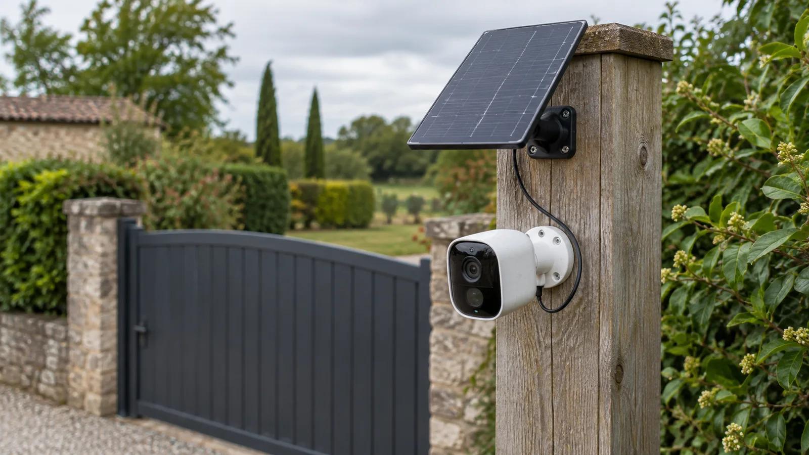 Caméra autonome avec panneau solaire surveillant l’entrée d’une propriété