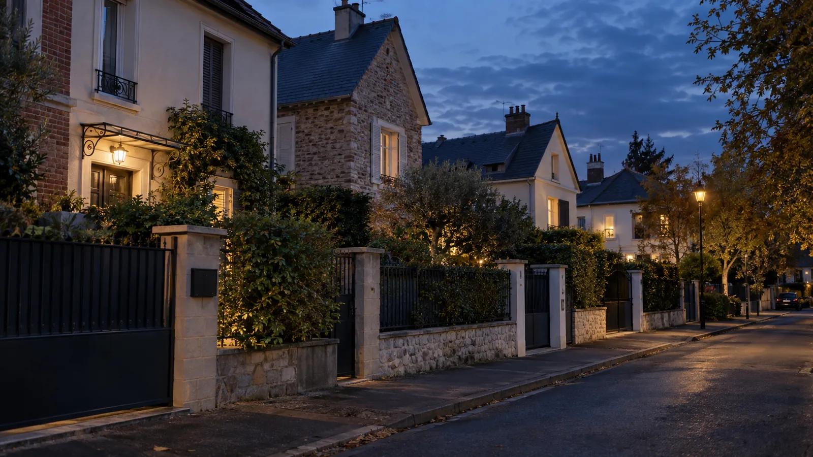 Rue résidentielle calme bordée de maisons et de jardins à la tombée du jour