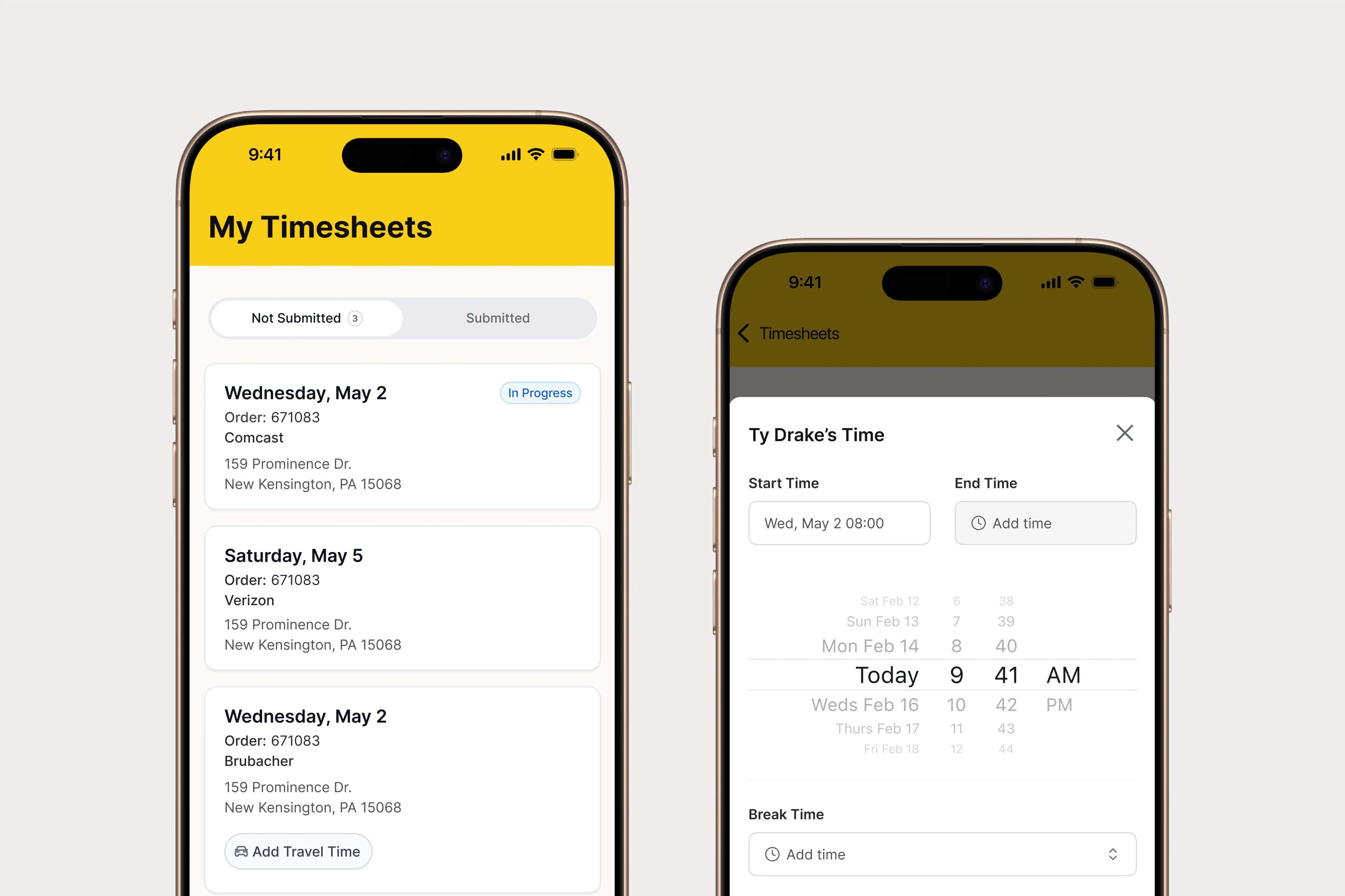 Timesheet home screen listing recent work orders