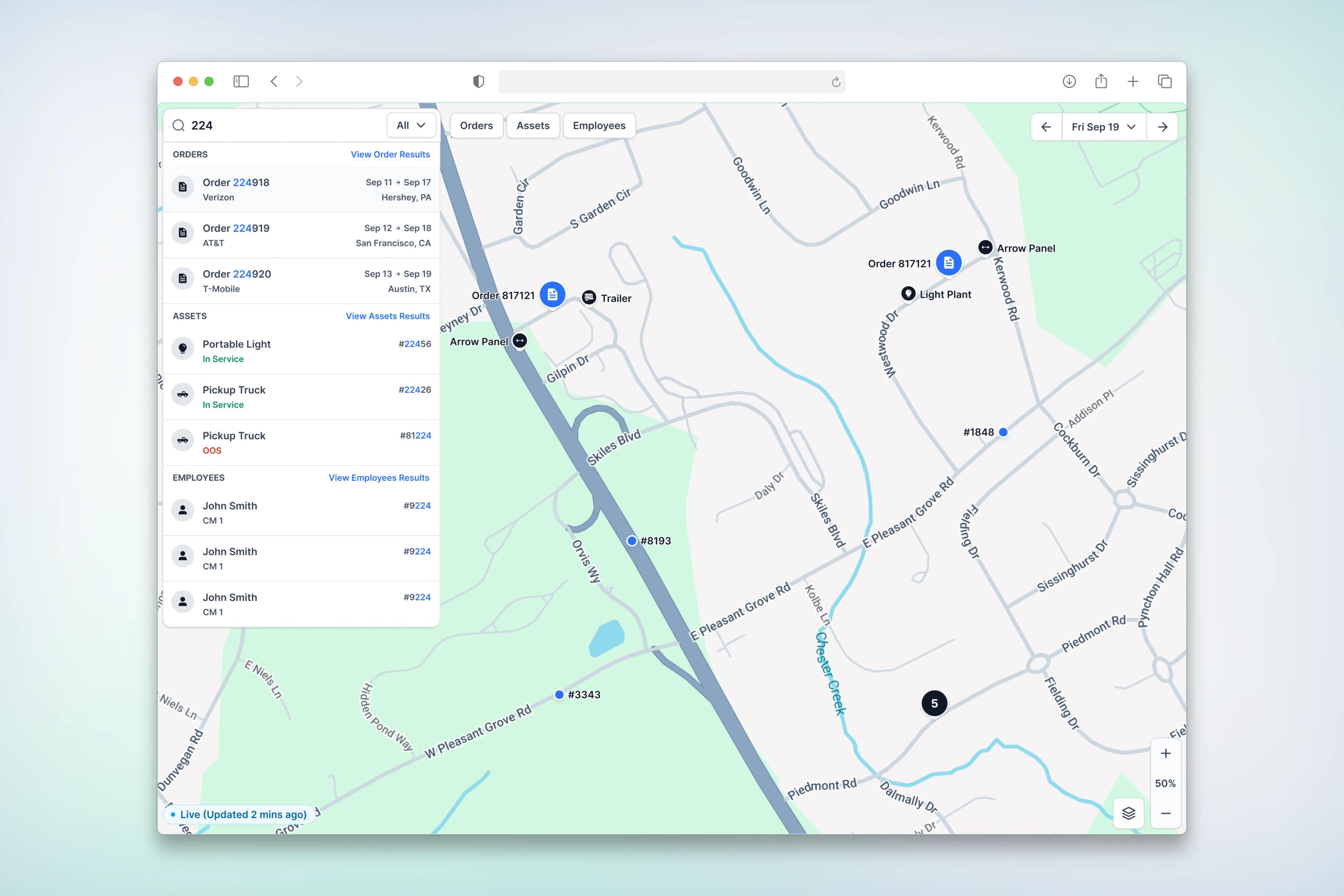 Live map with search results for orders, assets, and employees