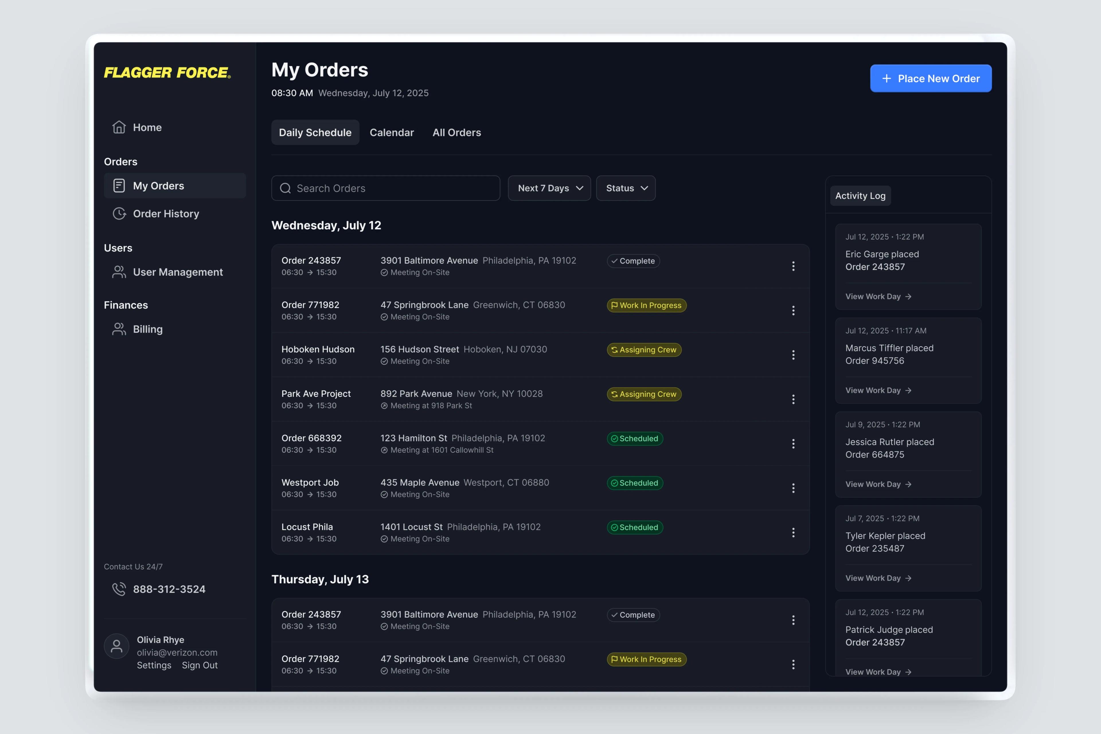 Schedule view of upcoming traffic control orders
