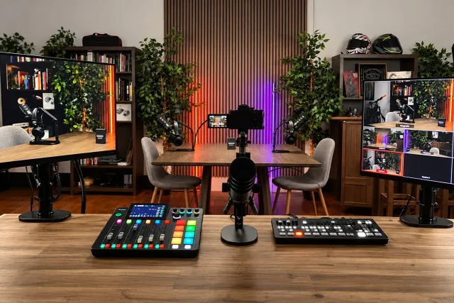 The podcast studio: two chairs at a wooden table, microphones, a mixing desk and camera monitors