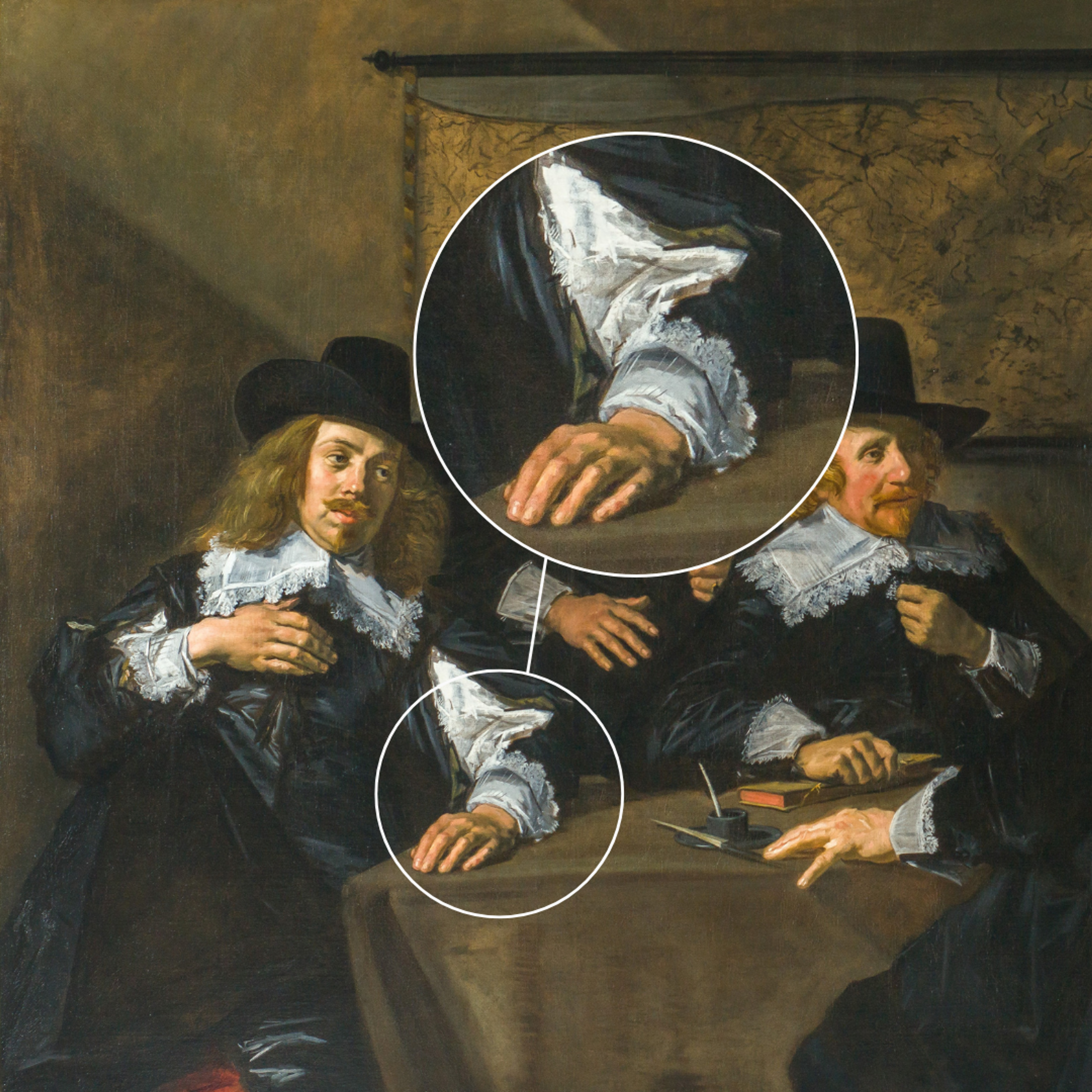 Inzoom op schilderij van Frans Hals met ruwe stijl.