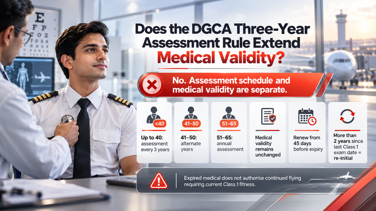 Pilot with doctor and age-wise assessment schedule showing the three-year rule does not extend medical validity
