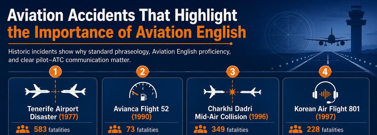 Infographic showing four major aviation accidents with aircraft, fuel gauge, collision, and pilot headset icons