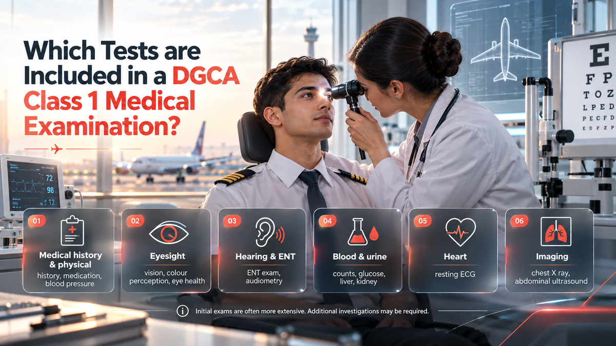 Doctor examining a pilot’s eyes, with icons showing the tests in a DGCA Class 1 medical examination