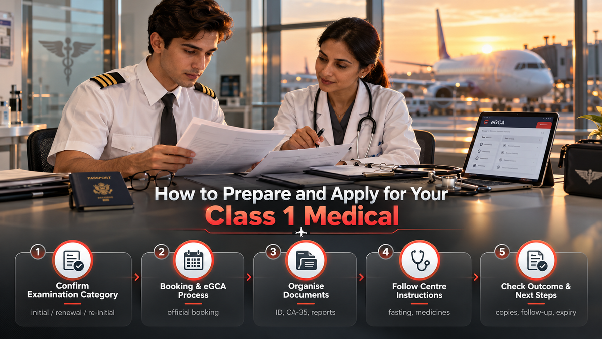 Five-step process to prepare and apply for a DGCA Class 1 medical, from confirming category to checking outcome