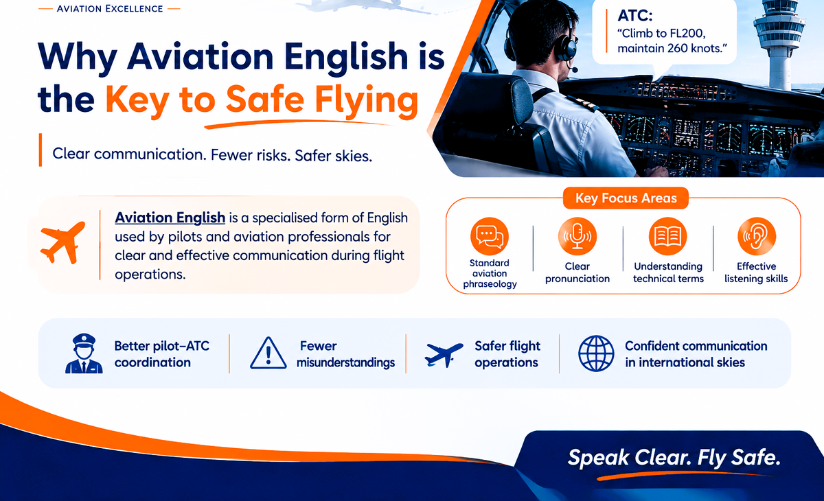 Infographic explaining Aviation English with a pilot, ATC communication, aviation terminology, and safe flying benefits