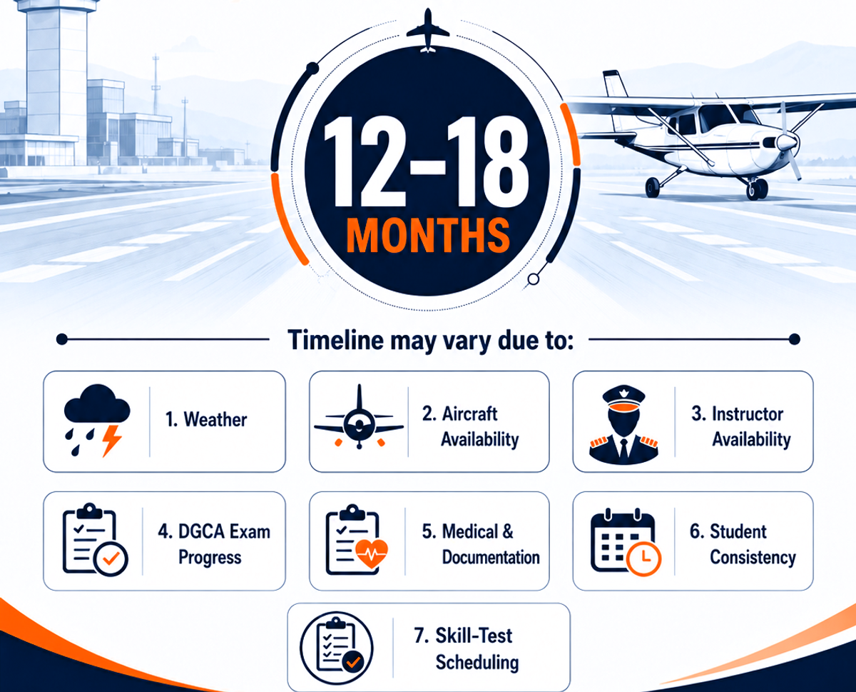 Infographic showing 12-18 month CPL training timeline in India with 7 factors affecting duration