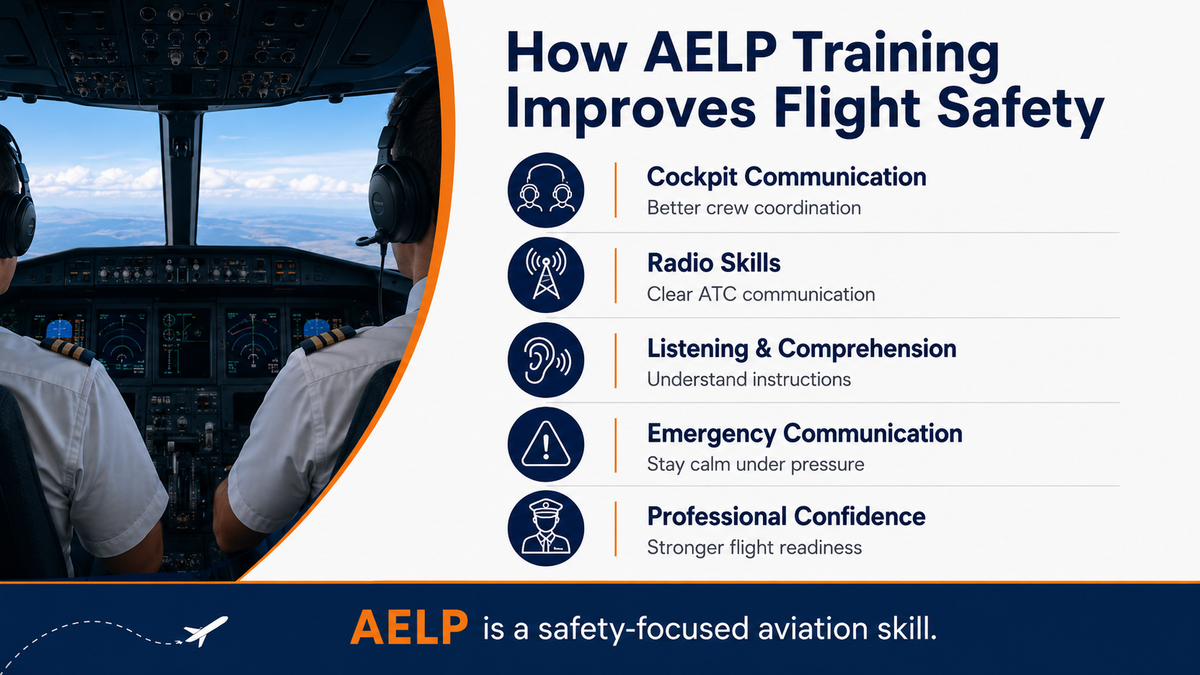 Pilots in cockpit with AELP flight safety skills infographic