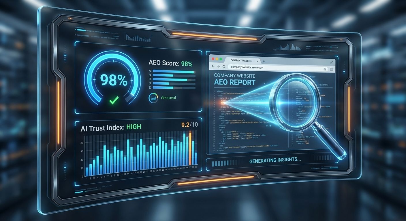The screen displays "AEO Score: 98%" and "AI Trust Index" with glowing data visualizations. A holographic magnifying glass is scanning a webpage next to it.