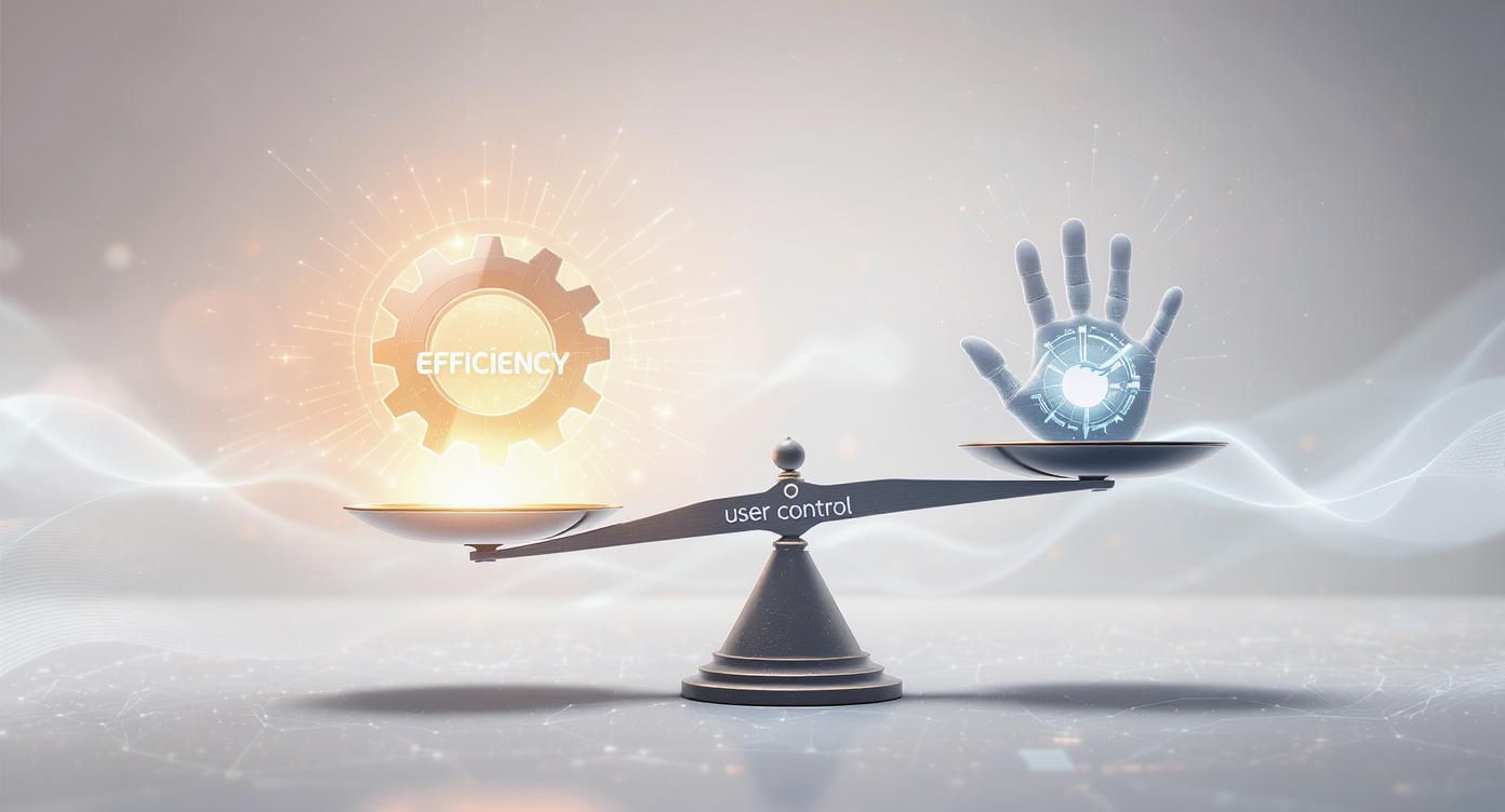 Conceptual art depicting a balancing scale. On one side, a glowing gear representing "efficiency" and "automation." On the other side, a human handprint representing "user control."