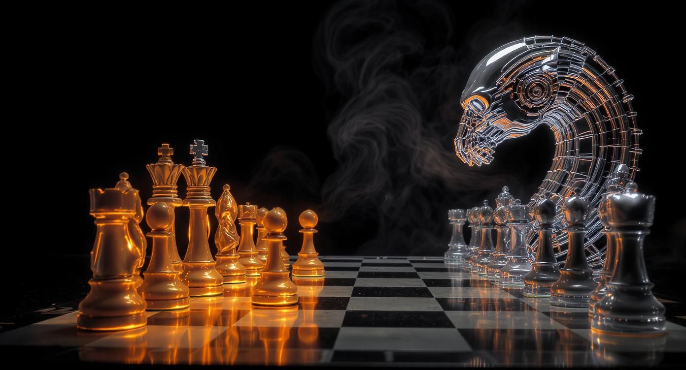 On a chessboard, one side features glowing, warmly lit chess pieces representing a brand (king, queen, rook). The opponent is an abstract AI figure made of liquid metal, with no fixed form.
