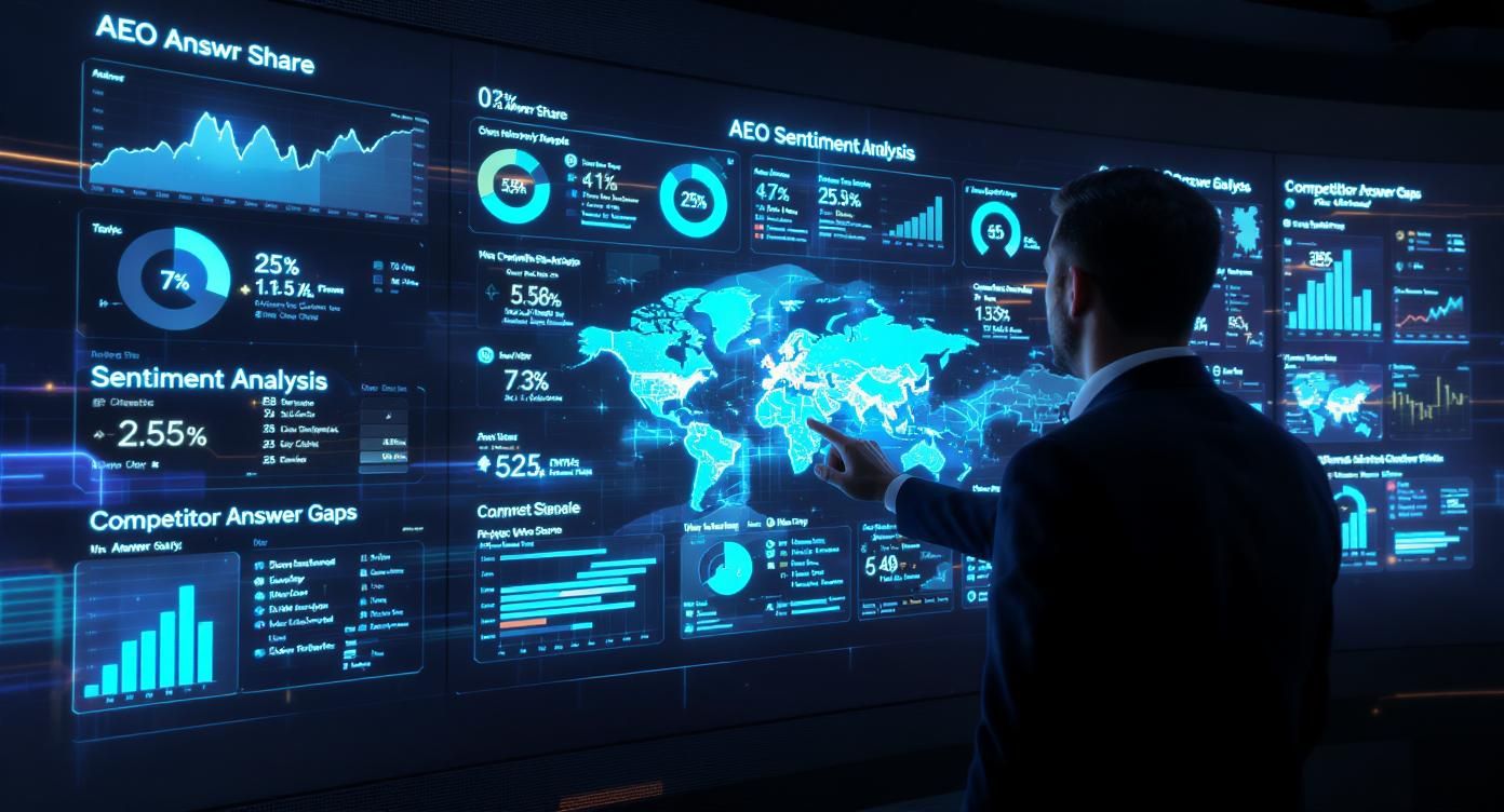 A business professional stands in a futuristic command center, facing a massive holographic touchscreen dashboard.