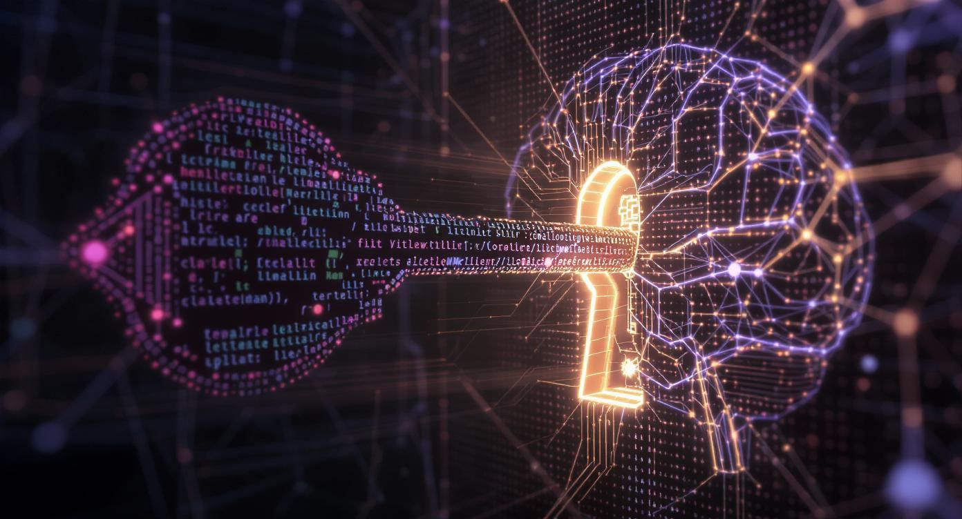 A giant key made of code and network nodes is being precisely inserted into a complex, glowing, brain-shaped keyhole.