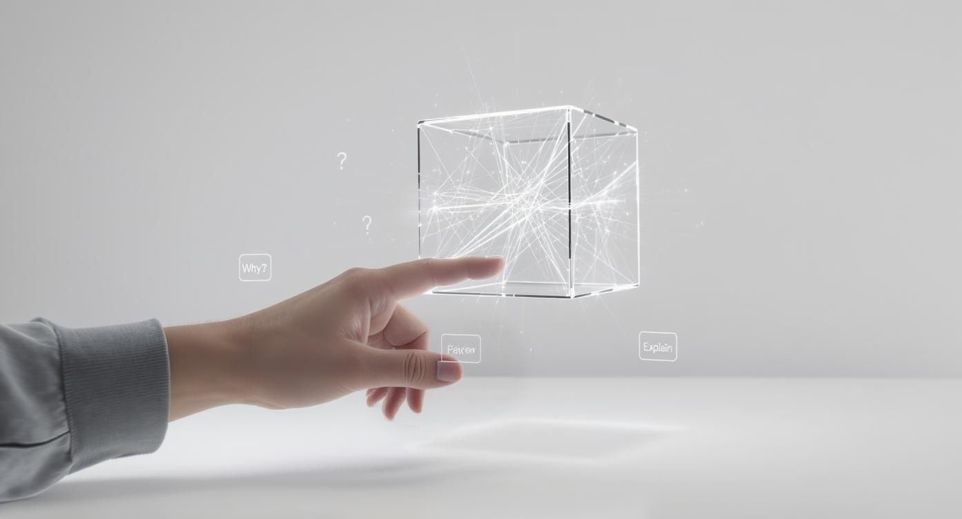 A transparent glass cube, representing a black box, levitates in mid-air with complex light paths flowing inside. A human hand reaches out, about to touch the cube
