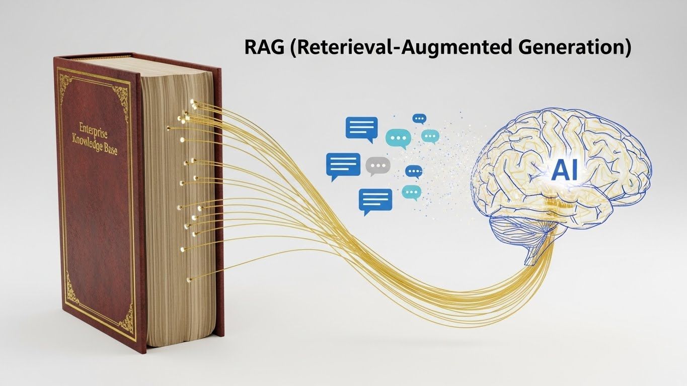 A 3D abstract concept art illustrating the principle of "RAG (Retrieval-Augmented Generation)