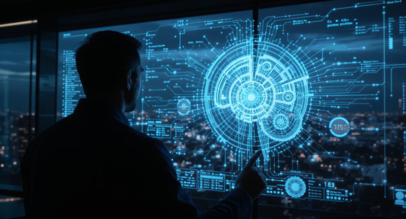 Cinematic, realistic photo of an architect standing before a holographic blueprint made of luminous data streams. The blueprint's centerpiece is a complex mechanism blending traditional gears with the structure of brain neurons.