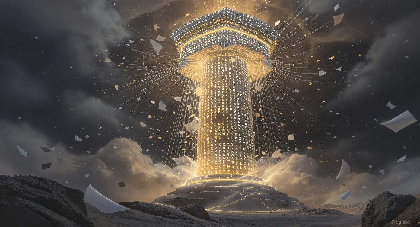 A giant, solid Grecian pillar made of glowing text and data (representing an authoritative pillar page). Hundreds of thin streams of question-data are being drawn towards and absorbed into the pillar.