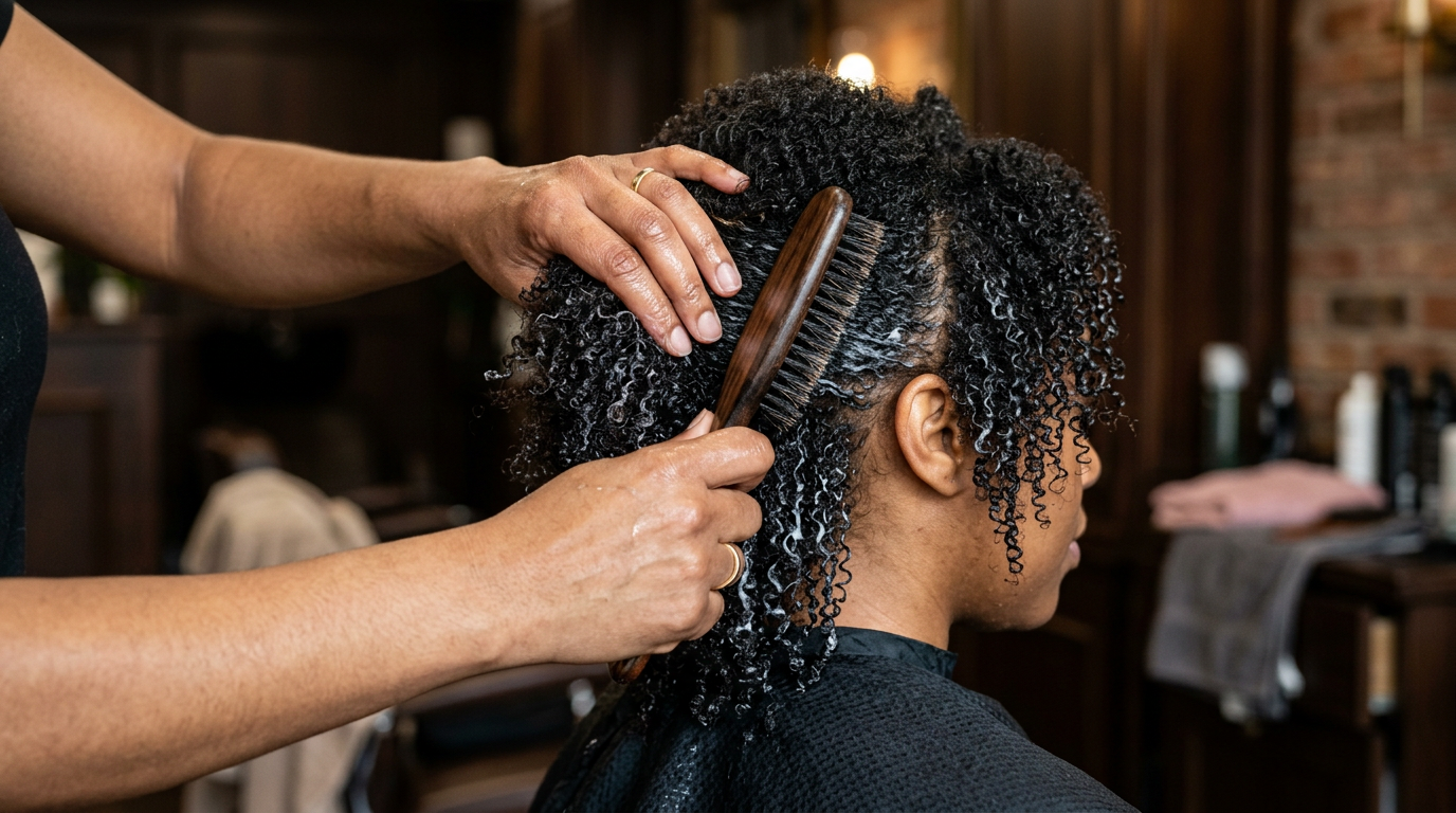 Hands working leave-in conditioner through coily natural hair with a wooden detangling brush
