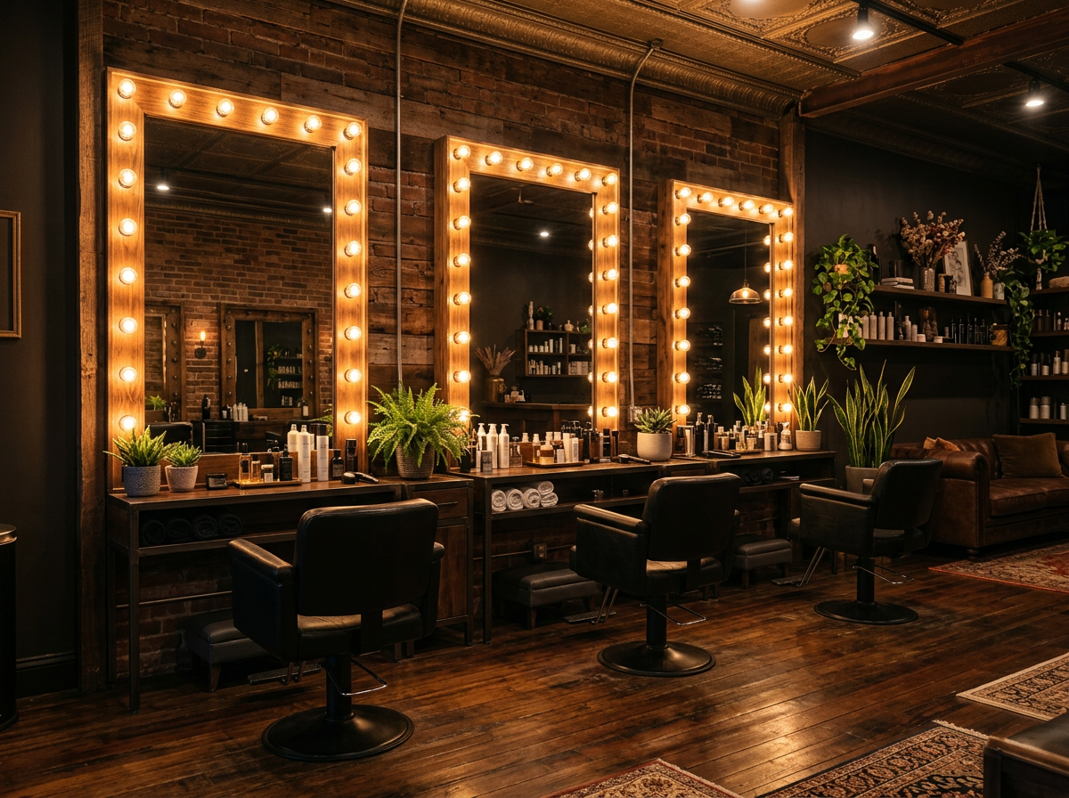 Warmly lit styling stations with bulb-lit mirrors inside the salon on Church Ave