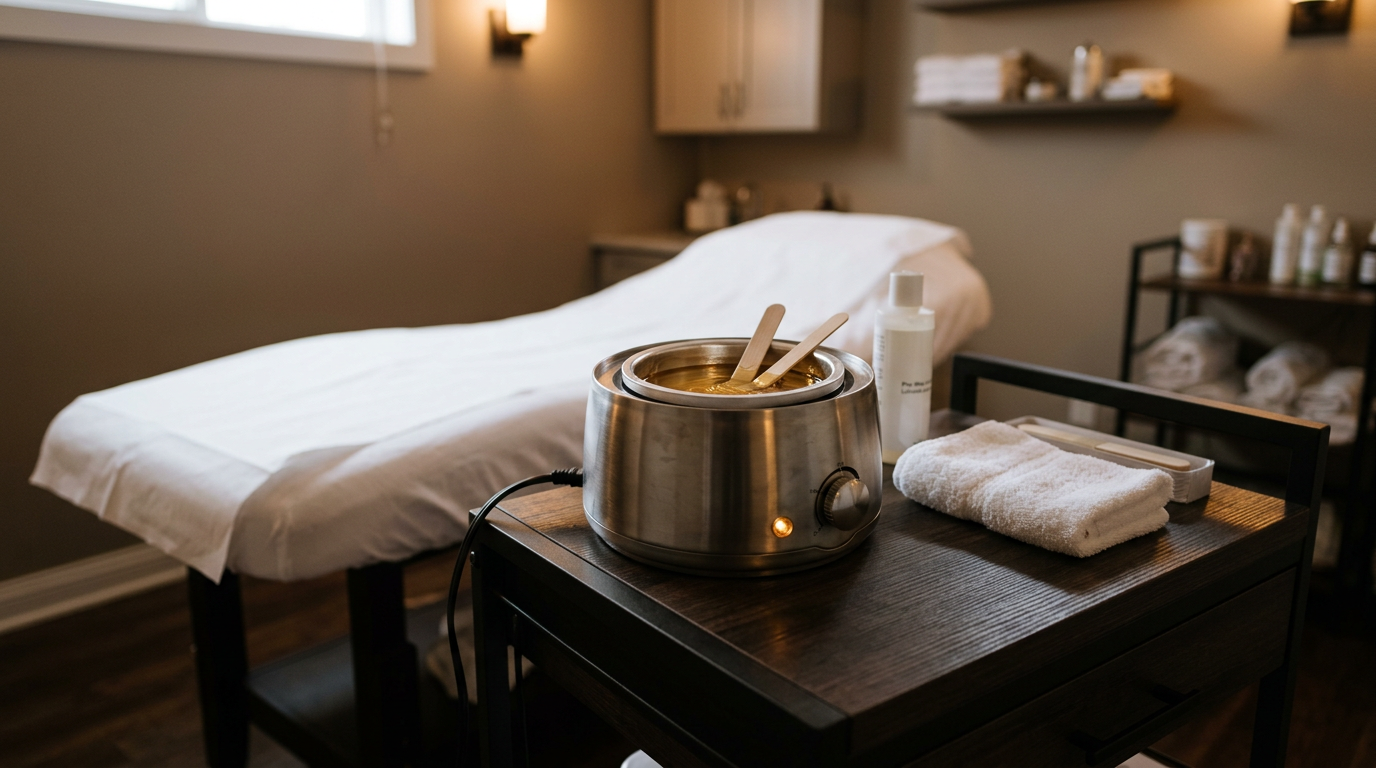 Stainless steel wax warmer with melted soft wax and wooden spatulas beside a prepared waxing bed