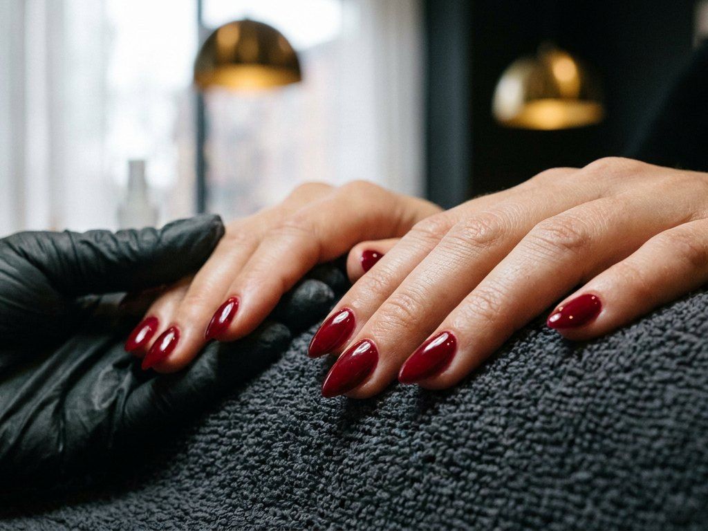 Almond-shaped gel manicure in deep cherry red resting on a salon towel