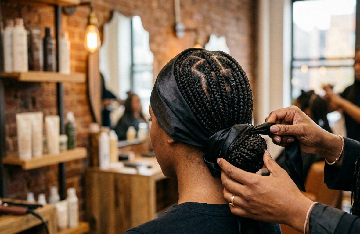 Hands tying a black satin scarf over knotless box braids to protect them overnight