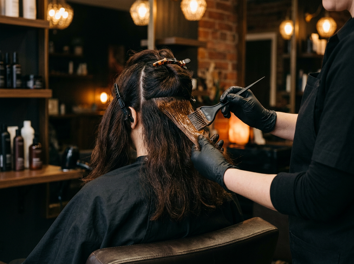 Gloved hands applying a color gloss with a tint brush to sectioned hair regrowth