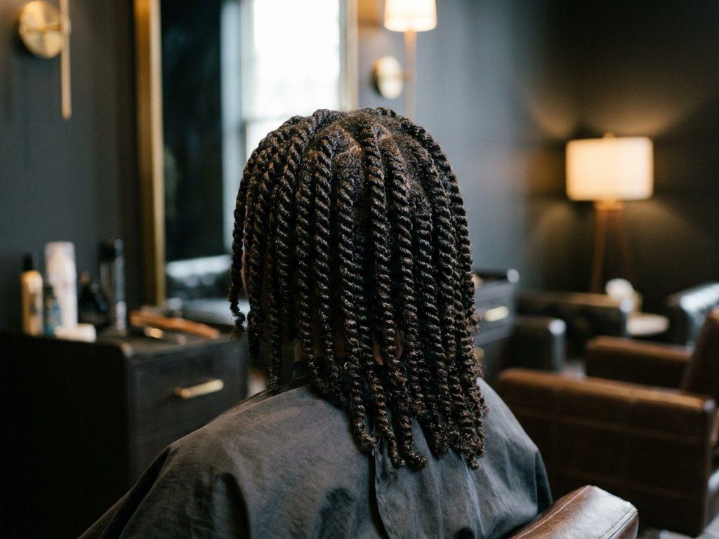 Defined two-strand twists on natural black hair, seen from behind