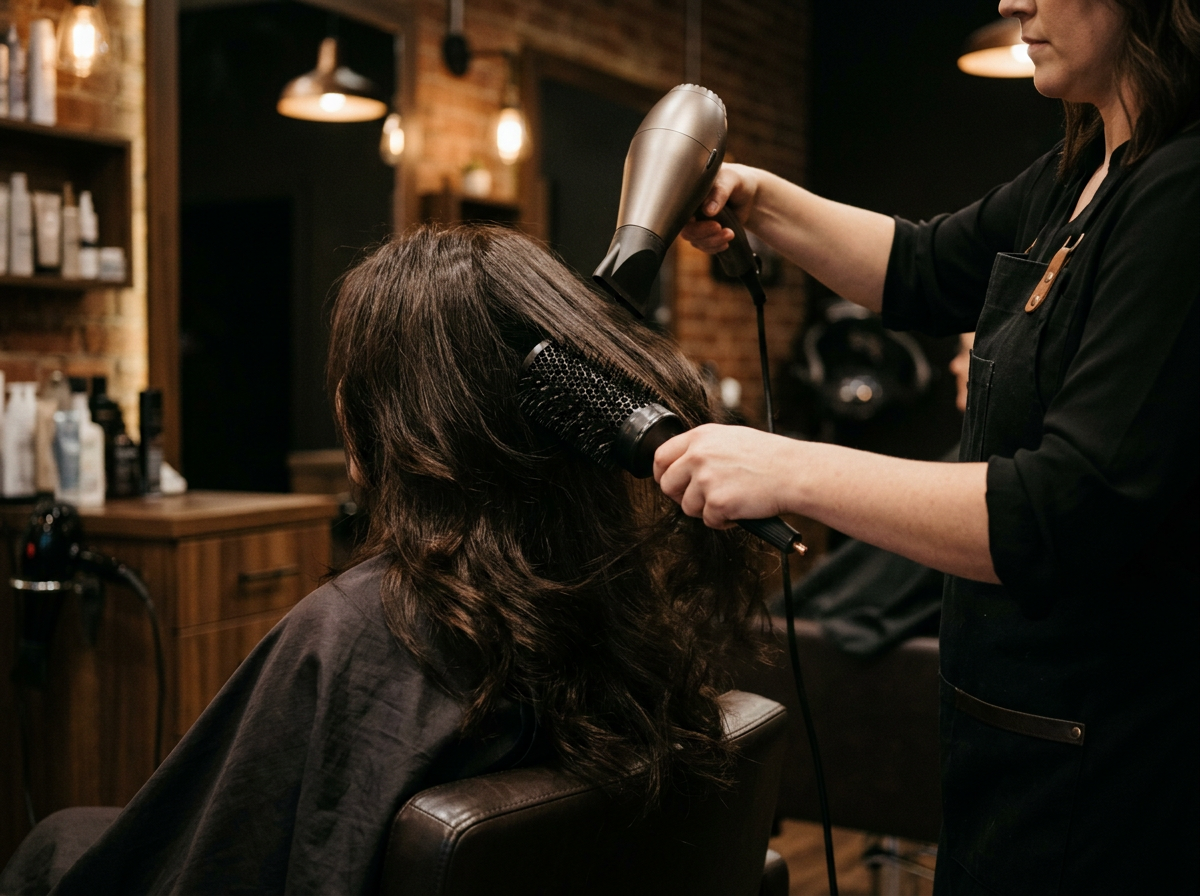 Stylist blow-drying voluminous dark hair with a round brush, client seen from behind