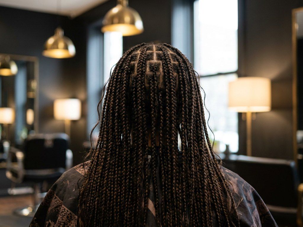 Long knotless box braids with neat square parts, seen from behind