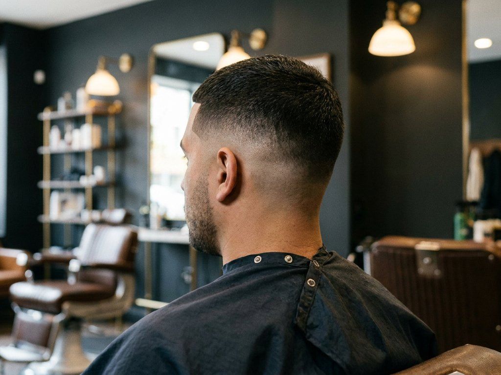 Fresh skin fade with a crisp line-up on short black hair in a Brooklyn barber chair