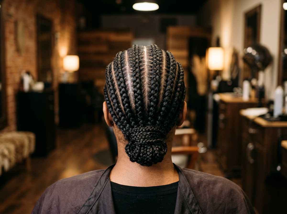 Neat feed-in cornrow braids in straight rows, seen from behind