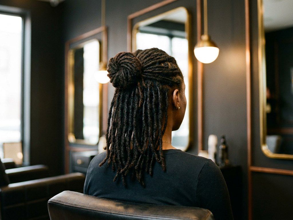 Freshly retwisted shoulder-length locs styled in a half-up bun