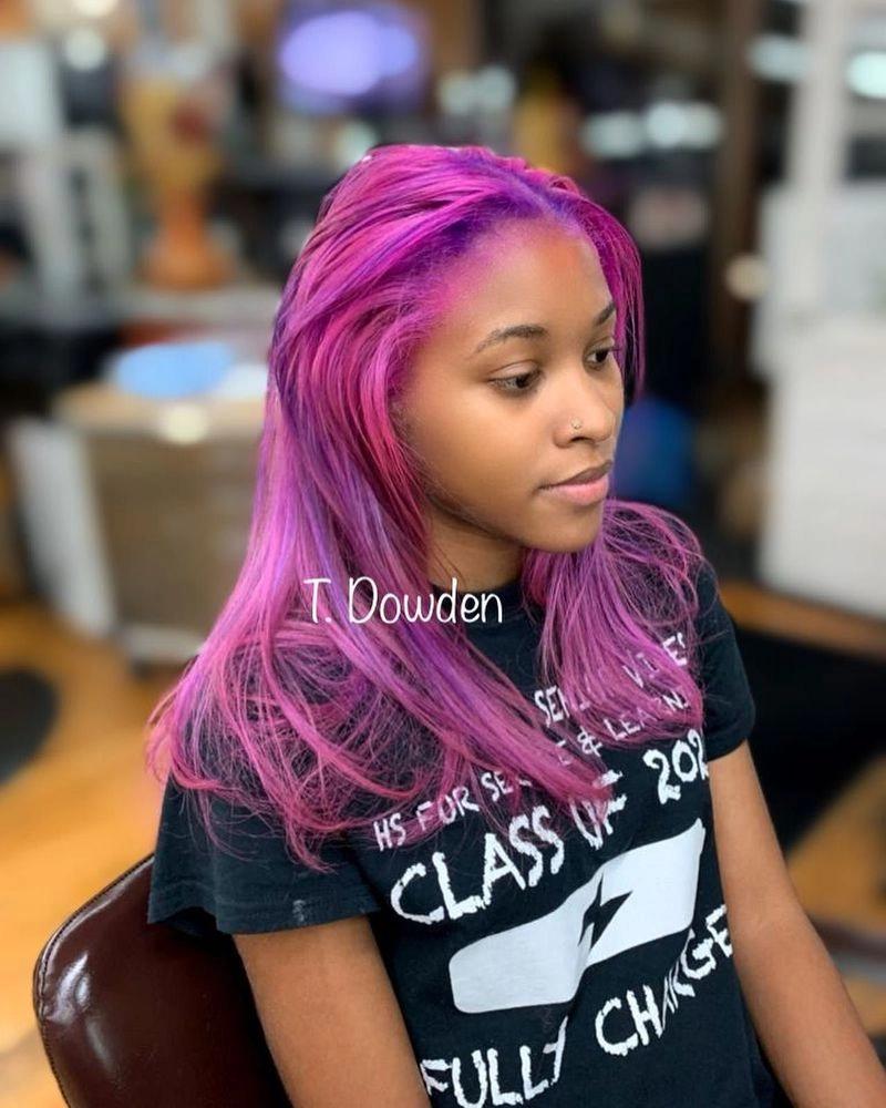 Long straight hair in vivid pink-magenta color