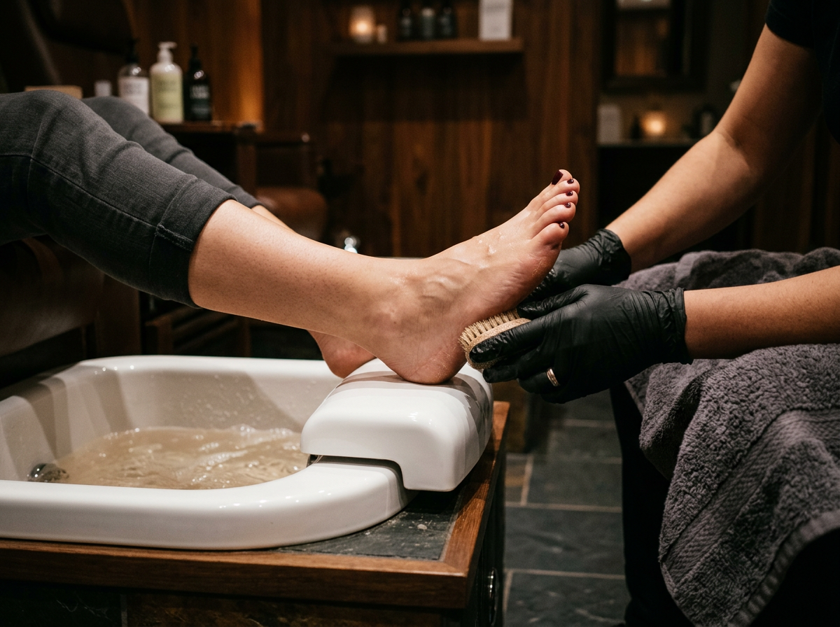 Client's feet resting above a white pedicure basin while a gloved hand scrubs the heel