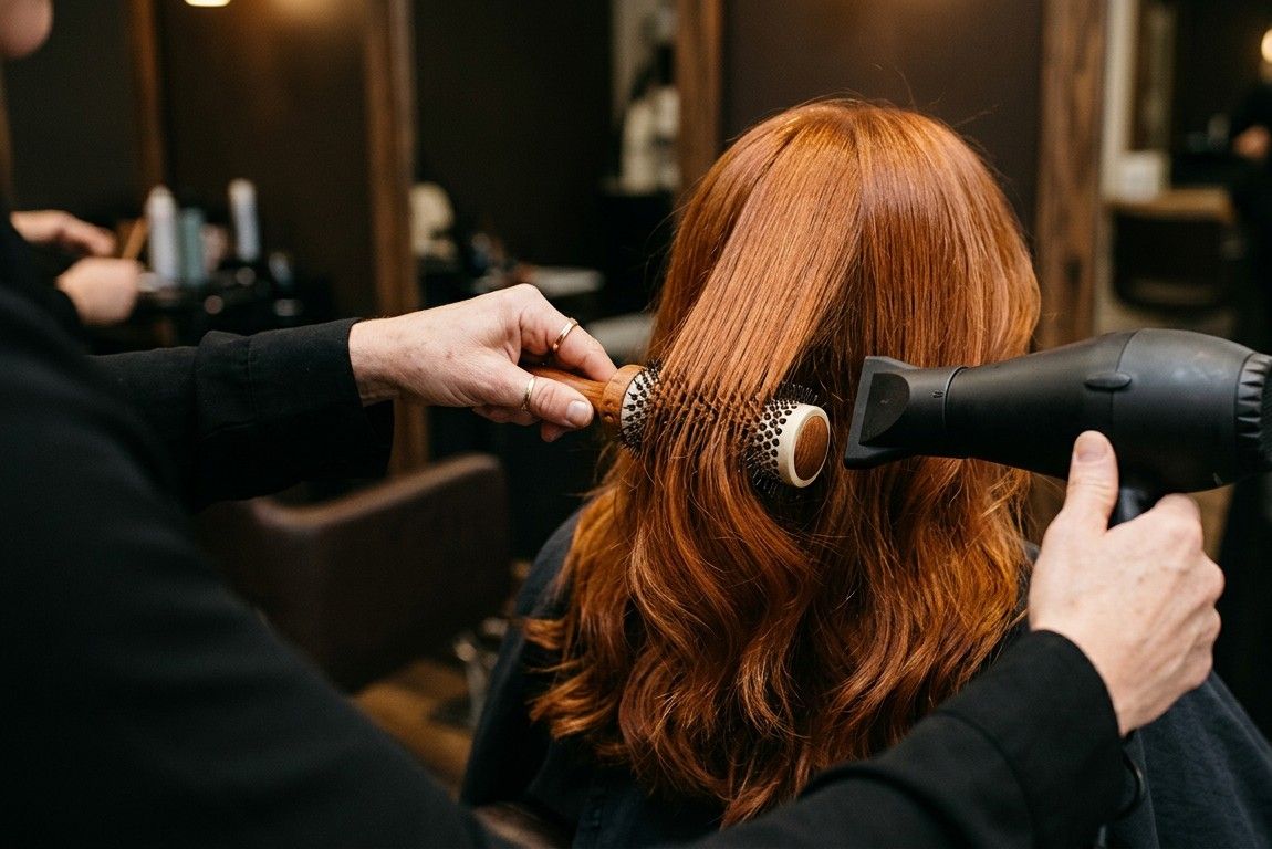 Stylist blow-drying freshly colored copper hair with a round brush to protect color shine