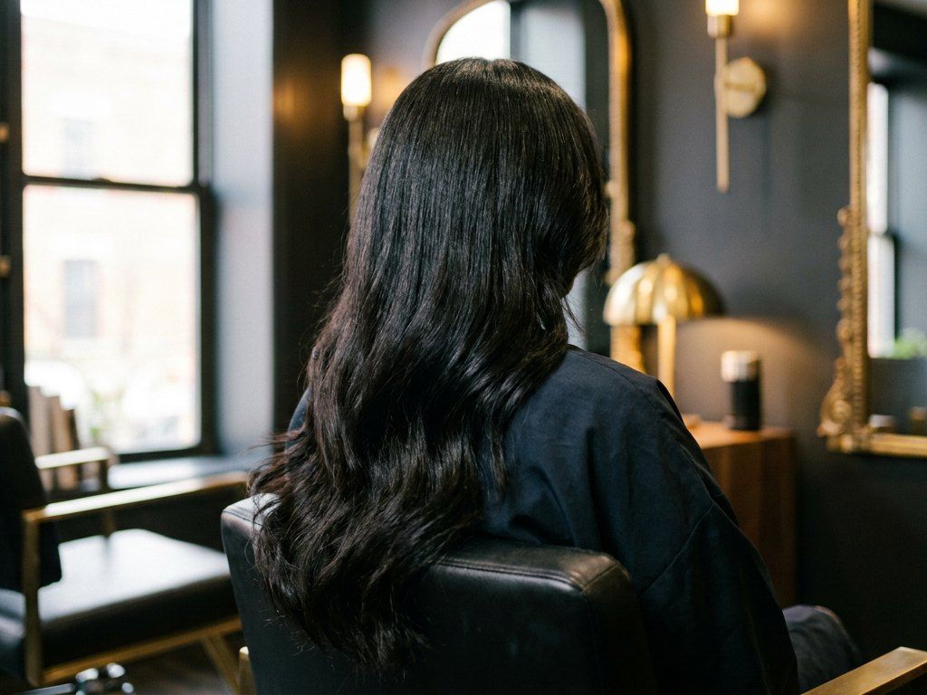 Sleek, glossy silk press on long natural black hair