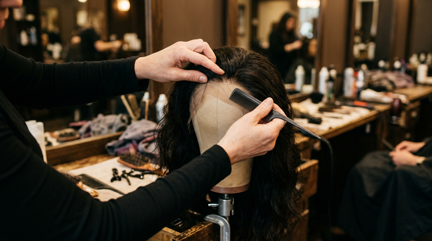 Stylist combing and fitting a dark lace front wig on a mannequin head at a salon station