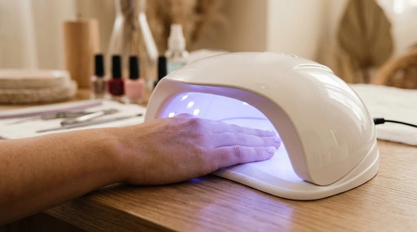 Client's hand curing a gel manicure under a UV LED nail lamp with nail polish bottles and manicure tools on a wooden table