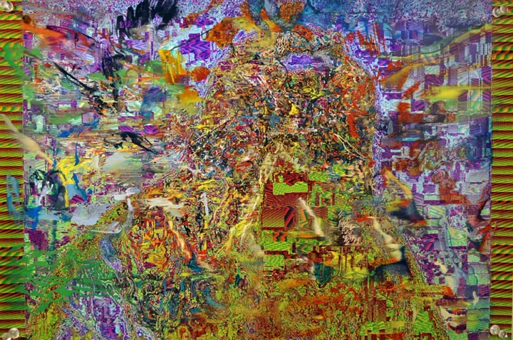 Dense multicoloured painting with a yellow-green centre and blue and pink marks.